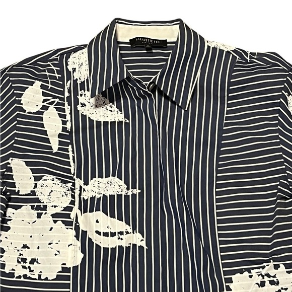 Lafayette 148 New York blue & white striped floral button down 3/4 sleeve shirt - Picture 3 of 11